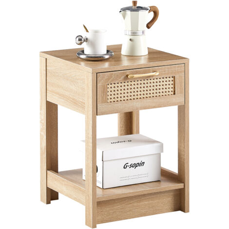 Table de Chevet Aspect Bois Naturel 55x40x40cm 1 Tiroir Rotin Moderne, Appoint Chambre (1/5)