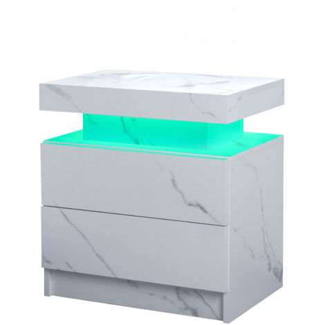 Table de Chevet LED Moderne Effet Pierre Blanche 2 Tiroirs, Rangement Éclairé Chambre (1/5)