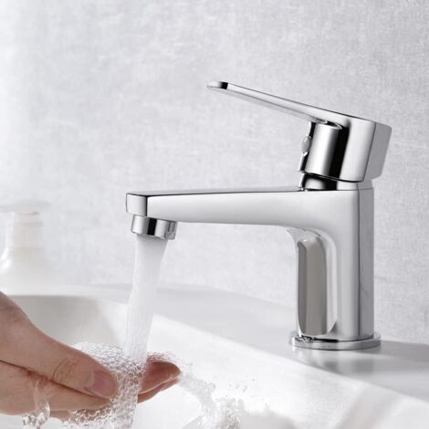 Robinet Salle Bain Lavabo Monocommande - Design Élégant, Mitigeur Laiton Chromé, Robinet à Tiroir Céramique Faible Bruit, Eau Chaude Froide, Argent M11057 (1/5)