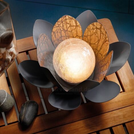 Esotec – Lampe solaire décorative Fleur de Lotus – Éclairage automatique – Boule en verre craquelé – Pétales en métal gris – IP44