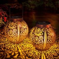 Lot 2 lanternes solaires métal bronze motif pivoine