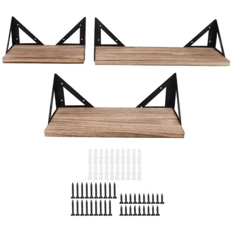 Ensemble de 3 étagères murales flottantes en bois, étagère de rangement, fixation par supports triangulaires en fer - AquaForge (1/4)