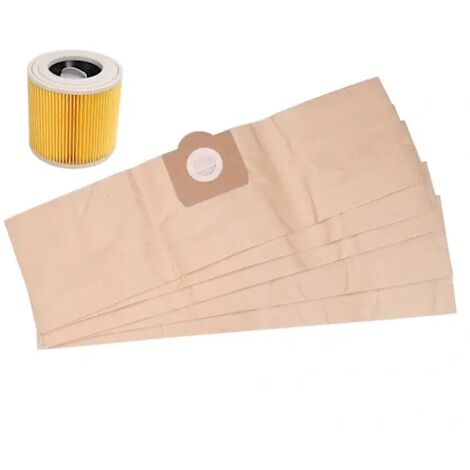 5 sacs à poussière et 1 filtre pour aspirateur KARCHER WD3 Premium WD 3.300 M WD 3.200 WD3.500 P 6.959-130 (marron et jaune)-AquaForge (1/4)