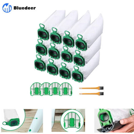 Lot de 12 sacs aspirateur en microfibre non tissée de haute qualité pour Vorwerk Kobold VB100 avec 4 filtres moteur Bluedeer-AquaForge (1/4)