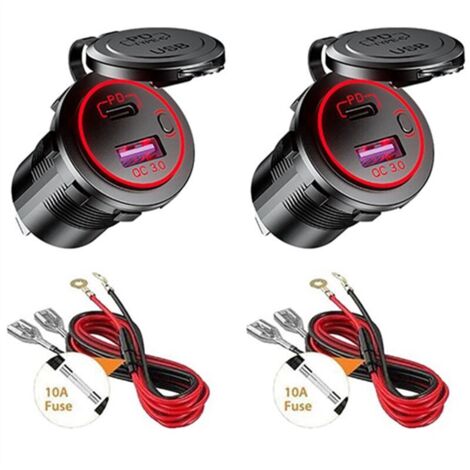Chargeur de voiture AquaForge avec 2 ports USB PD Type C et QC 3.0, prise 12 V et interrupteur marche/arrêt pour motos, remorques et quads (1/5)