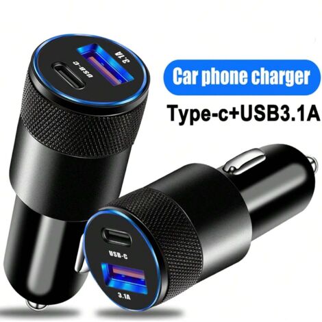 Chargeur de voiture USB-C rapide (1 unité), adaptateur allume-cigare USB-C 3.0 PD, 2 ports, 3,1 A, prise allume-cigare USB Type-C - AquaForge (1/5)