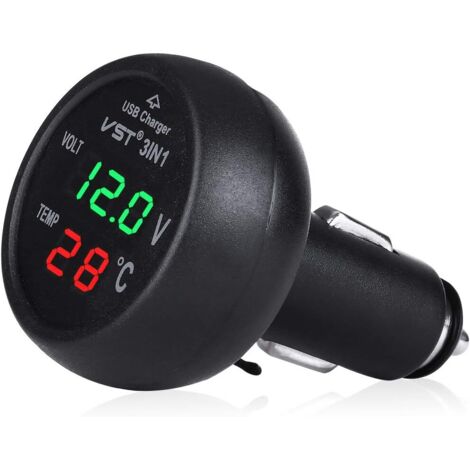 Chargeur de voiture 12-24 V avec port USB, voltmètre et thermomètre (vert + rouge) - AquaForge (1/5)