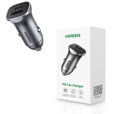 Chargeur de voiture Ugreen USB Type-C / USB 24 W avec charge rapide, gris (30780) - AquaForge (1/5)