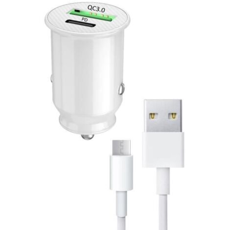 Chargeur de voiture pour Samsung Galaxy A03 USB vers USB Type-C avec charge rapide PD 30 W et QC 3.0 + 1 câble Type-C - 2 broches - AquaForge (1/4)