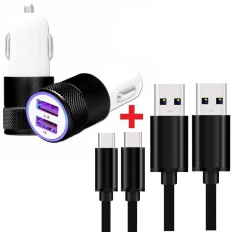 Chargeur de voiture + 2 câbles USB Type-C pour Realme 11 4G - Chargeur double ultra-puissant et rapide (5 V - 2,1 A) + 2 câbles de 1 m - AquaForge (1/4)