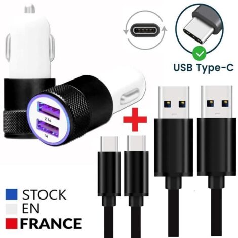Chargeur de voiture + 2 câbles USB Type-C pour Samsung Galaxy A03 - Chargeur double ultra-puissant (5 V - 2,1 A) + 2 câbles de 1 mètre - AquaForge (1/4)