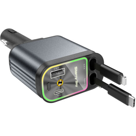 Chargeur de voiture avec éclairage d'étoiles, chargeur rétractable 4 en 1 à 2 ports, compatible iPhone 16/15/14/13/12 - AquaForge (1/5)