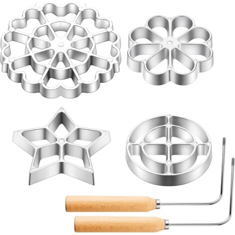 Ensemble de 6 moules en fer pour rosettes, moule à cupcakes avec poignée, kit pour la fabrication de tampons culinaires, gâteaux, gaufres en alliage d'aluminium (ma-AquaForge) (1/5)