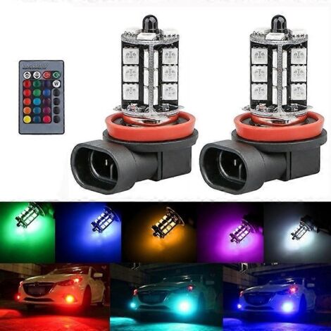 2 ampoules LED 5050 H11 H9 H8 27SMD RGB pour phares et feux antibrouillard de voiture avec télécommande - Parfait - AquaForge (1/5)