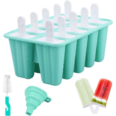 Moule à glace en silicone à 10 cavités, sans BPA, idéal pour les glaces à l'eau, entonnoir pliable et goupillon de nettoyage - Vert - AquaForge (1/5)
