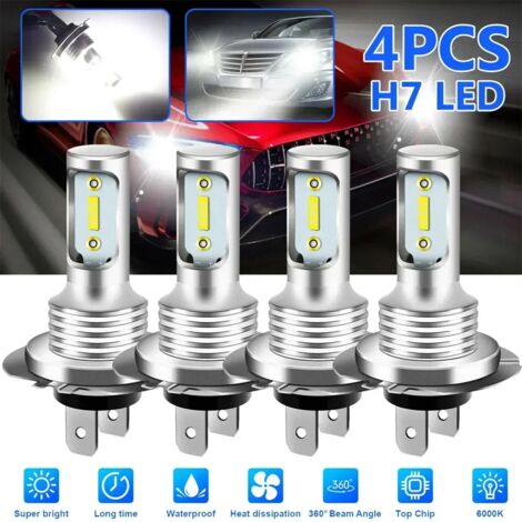 Lot de 4 ampoules LED H7 pour feux de croisement et de route, 6000K, blanc pur, antibrouillards, feux de jour (DRL), puces COB H4 H8 - AquaForge