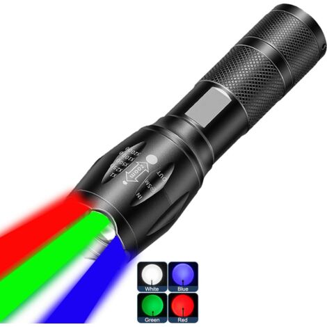 Lampe torche LED multicolore 4 couleurs en 1 (blanc, rouge, bleu et vert), modes d'éclairage zoom, idéale pour le camping - AquaForge (1/5)