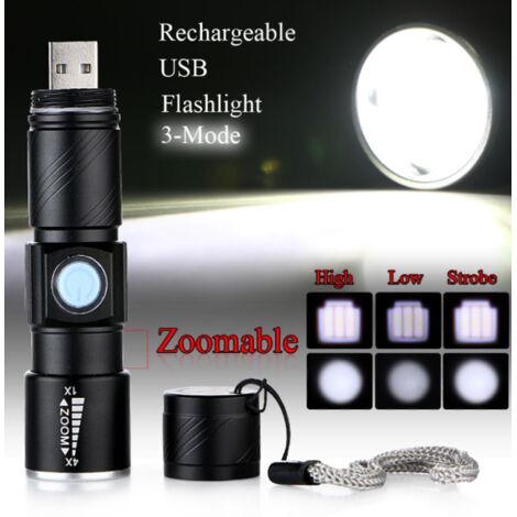 Mini lampe torche CREE Q5, rechargeable par USB, 2000 lumens, noire - AquaForge (1/5)