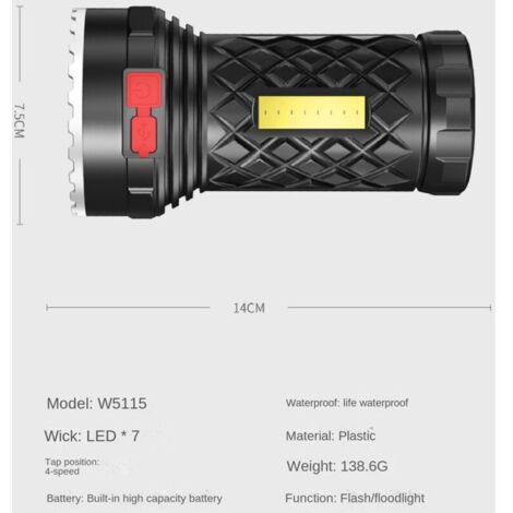 Lampe torche à 7 LED, ultra-puissante et rechargeable, avec éclairage latéral COB et 4 modes d'éclairage. Idéale pour une utilisation en extérieur. - AquaForge (1/5)