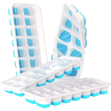 Lot de 4 bacs à glaçons avec couvercles - Moule en silicone pour 56 glaçons, démoulage facile, empilable et réutilisable (bleu) - AquaForge (1/5)