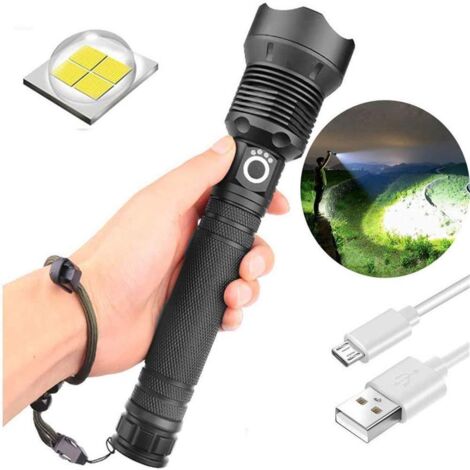 Lampe torche LED puissante avec zoom et alimentation USB, fonctionne avec des batteries 18650 ou 26650. - AquaForge