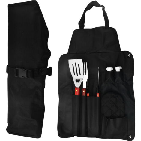 Tablier de barbecue avec ensemble d'accessoires 7 pièces : rembourrage en nylon noir, gant, fourchette, spatule, pinces, salière et poivrière - AquaForge (1/5)