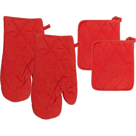 Ensemble de 4 accessoires de cuisine ING : 2 poignées de casserole (23 x 18 cm) et 1 gant de cuisine (30 cm) rouges. Résistant à la chaleur – AquaForge (1/5)