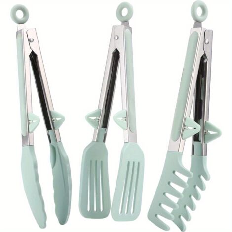 Ensemble de trois pinces de cuisine en acier inoxydable avec embouts en silicone, idéales pour les pâtes, les grillades, la cuisson au four, les viandes et les salades - AquaForge (1/5)
