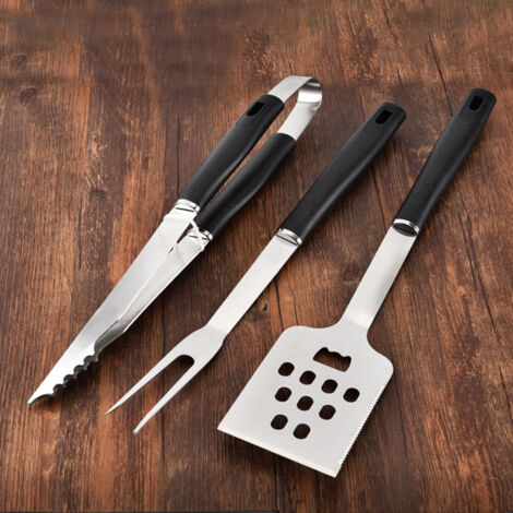 Ensemble de 3 accessoires de barbecue en acier inoxydable, comprenant une spatule, une fourchette et une pince. Idéal pour le camping et la cuisine. - AquaForge (1/5)