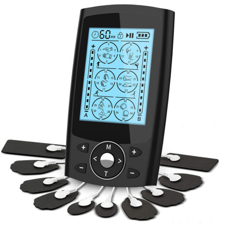 Appareil d'électrostimulation musculaire EMS/TENS à double canal, modèle 2025, 48 modes (24 x 2), avec 14 électrodes réutilisables. Rechargeable en continu.-AquaForge (1/5)