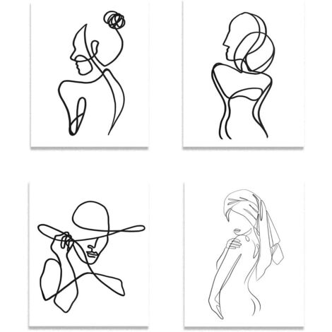 klahh 4 pièces Impressions d'art minimalistes au trait, impressions d'art abstrait au trait, peintures de visages en noir et blanc, ensemble de tableaux à accrocher pour chambre à coucher ou salon-Aqu (1/5)