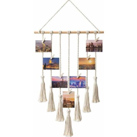 Décoration murale en macramé à suspendre, style bohème chic, idéale pour appartement, chambre, salon ou galerie. Comprend 25 pinces en bois MODOU-AquaForge (1/5)