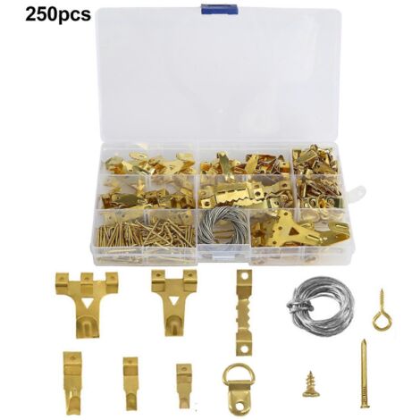 Kit de fixation murale 250 pièces comprenant clous, fils, vis, œillets, anneaux en D, crochets en dents de scie et boîte de rangement.-AquaForge (1/5)