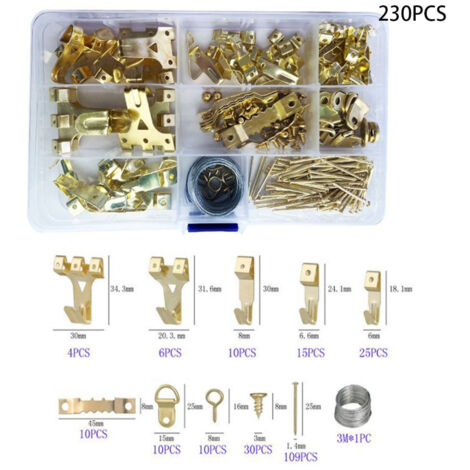 Kit de fixation pour tableaux de 230 pièces, comprenant vis, crochet pour cadre, clous, anneau en D, piton à vis, attache en dents de scie et acier.-AquaForge (1/4)