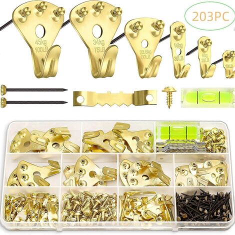 Crochets pour tableaux, kit de 203 clous robustes pour fixation de tableaux sur plaques de plâtre et murs en bois (doré)-AquaForge (1/5)