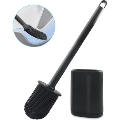 Brosse WC plate en silicone antibactérienne, brosse de nettoyage pour salle de bain, fixation murale ou sur pied, noire-AquaForge (1/5)
