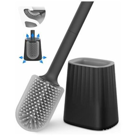 Brosse de toilette en silicone avec support mural et socle, tête de brosse double face, manche long et étui, noire-AquaForge (1/5)