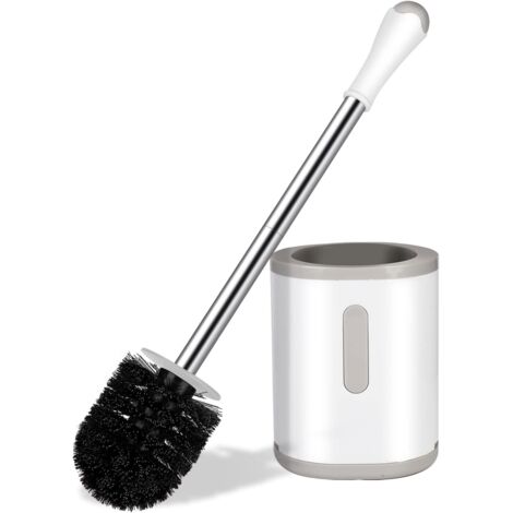 Brosse WC compacte avec support, manche en acier inoxydable, rangement peu encombrant, nettoyage en profondeur, anti-goutte, montage facile, nylon blanc et gris-AquaForge (1/5)