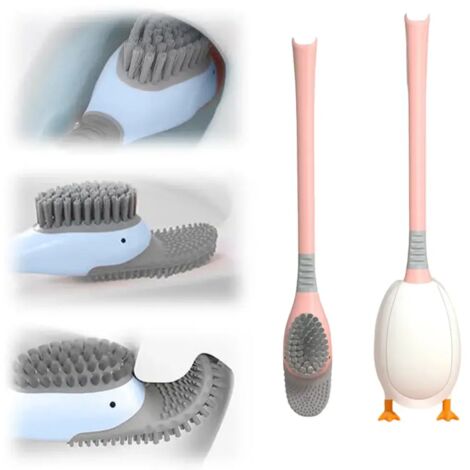 Brosse de toilette, brosse de toilette en silicone, ensemble brosse et support pour salle de bain, brosse de toilette canard créative en silicone avec rangement (rose)-AquaForge (1/5)