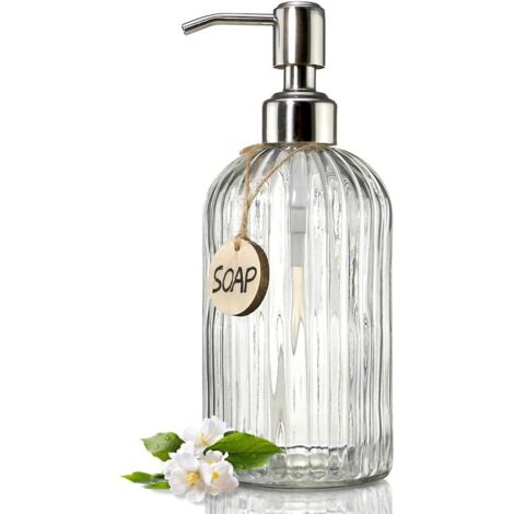Distributeur de savon liquide en verre transparent de 473 ml avec pompe en acier inoxydable flacon de savon en verre pour la cuisine.-AquaForge (1/5)