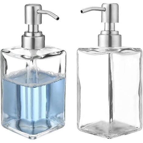 Lot de 2 flacons distributeurs de savon liquide, 450 ml, en verre transparent, de forme carrée, avec pompe en acier inoxydable.-AquaForge (1/5)