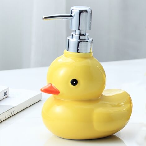 Distributeur de savon en céramique jaune 450 ml en forme de canard adorable - Sans odeur, sans phtalates pour salle de bain et file d'attente-AquaForge (1/5)