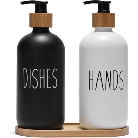 Distributeur de savon en verre, distributeur de détergent pour lavabo, distributeur de savon pour les mains avec pompe en bambou et porte-savon, décoration style champêtre 11-AquaForge (1/5)