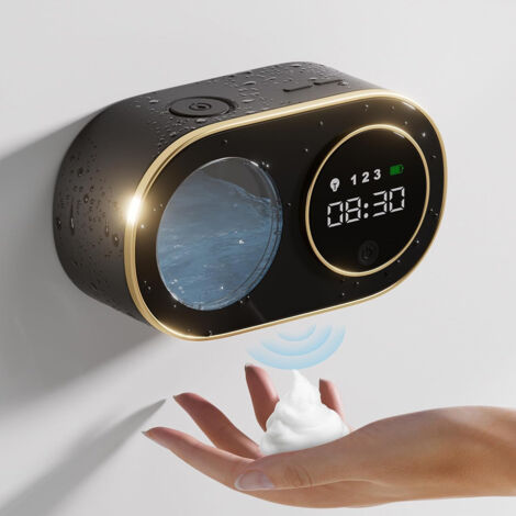 Distributeur automatique de savon mousse avec horloge numérique LED HD, fixation murale, noir-AquaForge (1/4)