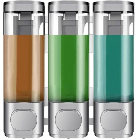 Distributeur de savon mural - Distributeur de douche à 3 compartiments de 300 ml pour shampoing et savon, gris-AquaForge (1/5)