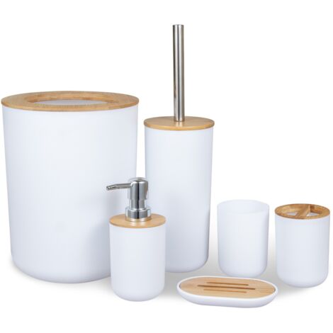 Ensemble d'accessoires de salle de bain en bambou, comprenant un distributeur de savon, un porte-brosse à dents, un gobelet et un porte-savon, idéal pour décorer un comptoir.-AquaForge (1/5)