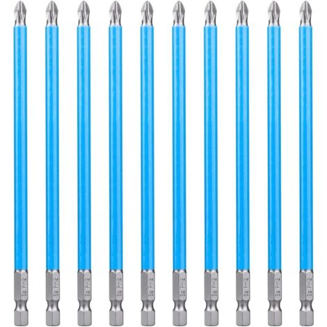 Lot de 10 embouts de tournevis cruciformes PH2 de 150 mm, à tête Phillips, avec tige hexagonale en acier S2 et revêtement antidérapant, pour perceuse électrique et tournevis à percussion.-AquaForge (1/5)