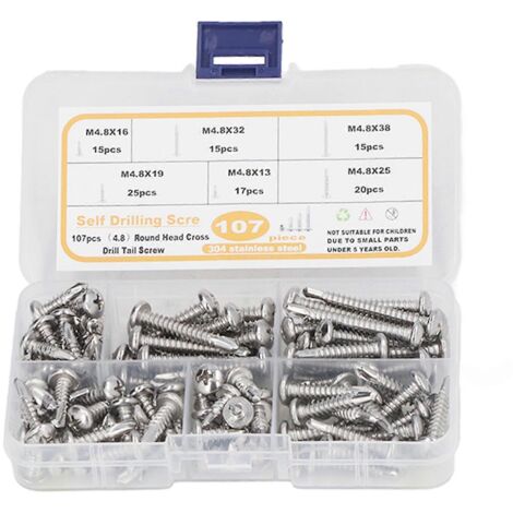 Assortiment de 107 vis autoperceuses à tête ronde Phillips M4.8 en acier inoxydable 304 pour la fixation-AquaForge (1/2)