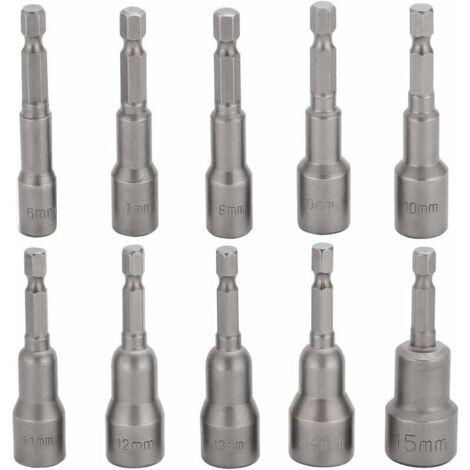Jeu de 10 douilles à percussion 6-15 mm, douilles hexagonales magnétiques, jeu de douilles hexagonales magnétiques pour perceuse 1/4" pour mandrin à changement rapide-AquaForge (1/5)