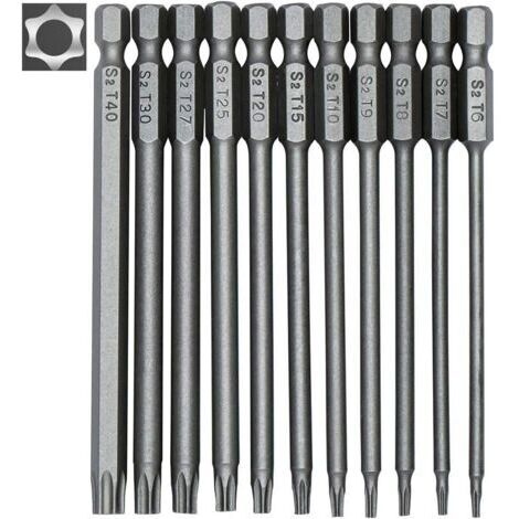 Jeu de 11 embouts Torx magnétiques longs 100 mm T6-T40, tige hexagonale 1/4" pour tournevis et perceuses électriques (LGL)-AquaForge (1/5)